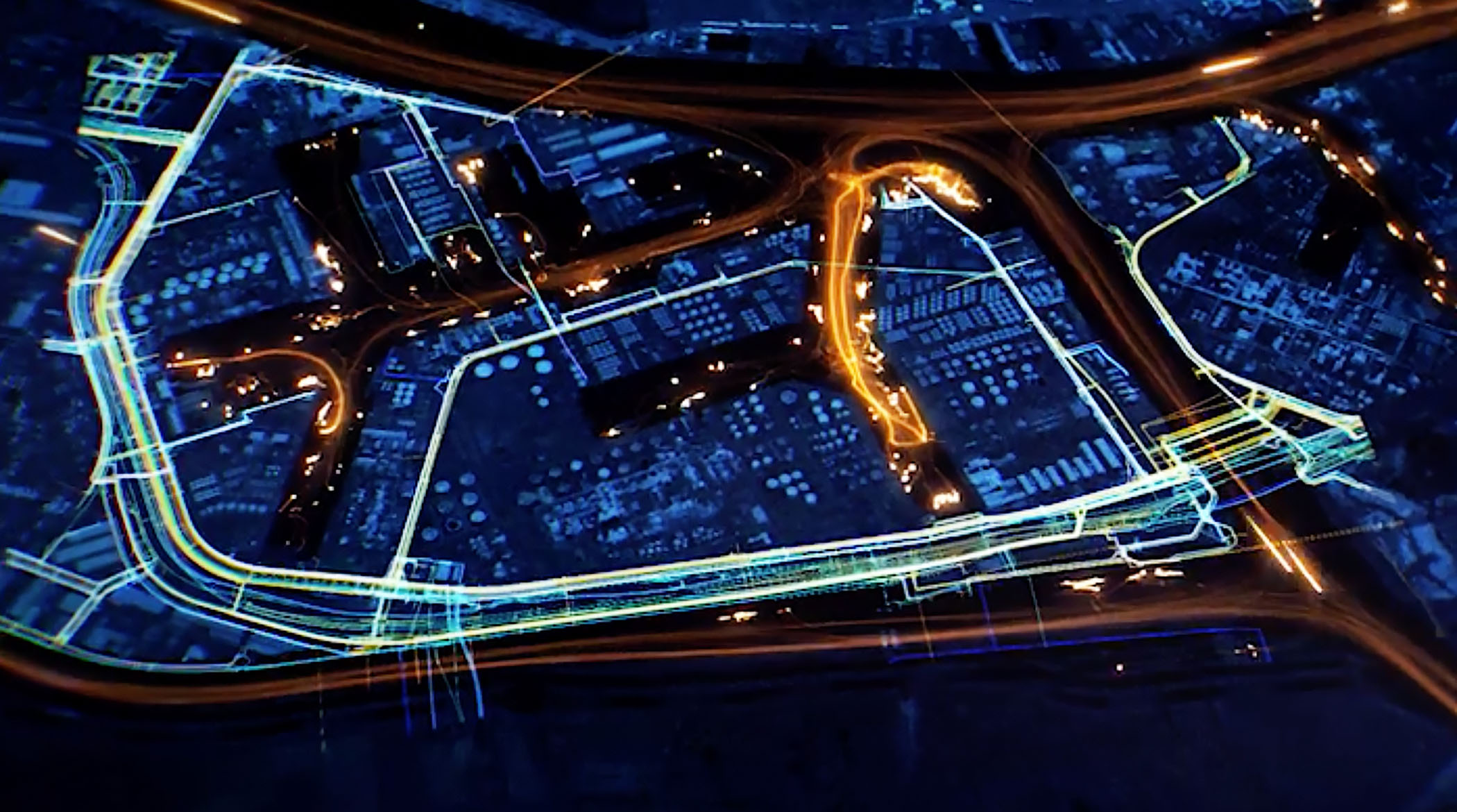An abstracted aerial image of a city